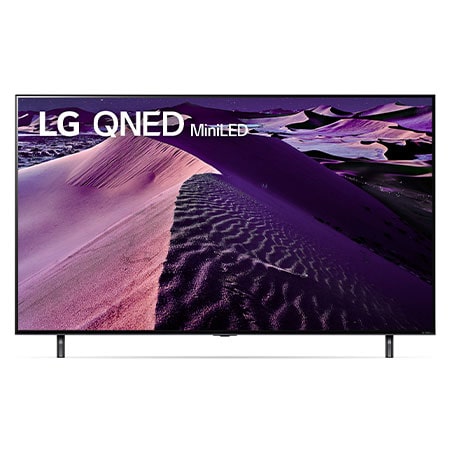 A front view of the LG QNED TV with infill image and product logo on