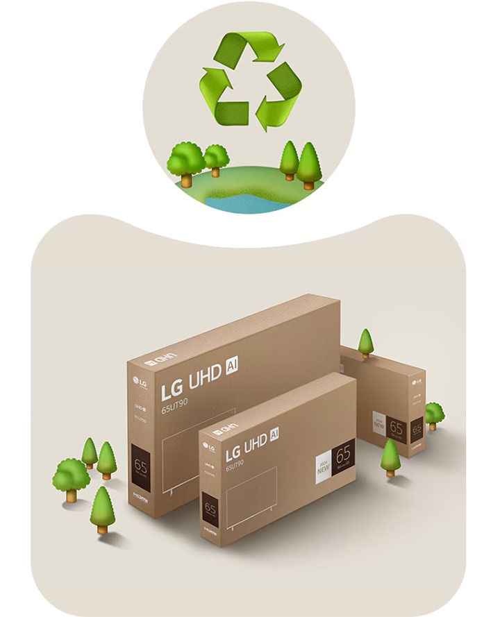 Embalaje LG UHD sobre un fondo beige con árboles ilustrados.