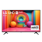 Front view of LG UHD TV, UT75 with text of LG UHD AI, 2024, and webOS Re:New Program logo on screen
