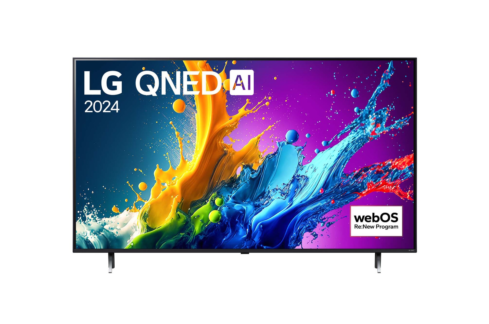 Una vista frontal del televisor LG QNED80 65QNED80TSA, mostrando el texto "QNED80", "LG QNED" y "2024" en la pantalla.
