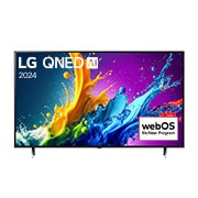 Una vista frontal del televisor LG QNED80 65QNED80TSA, mostrando el texto "QNED80", "LG QNED" y "2024" en la pantalla.