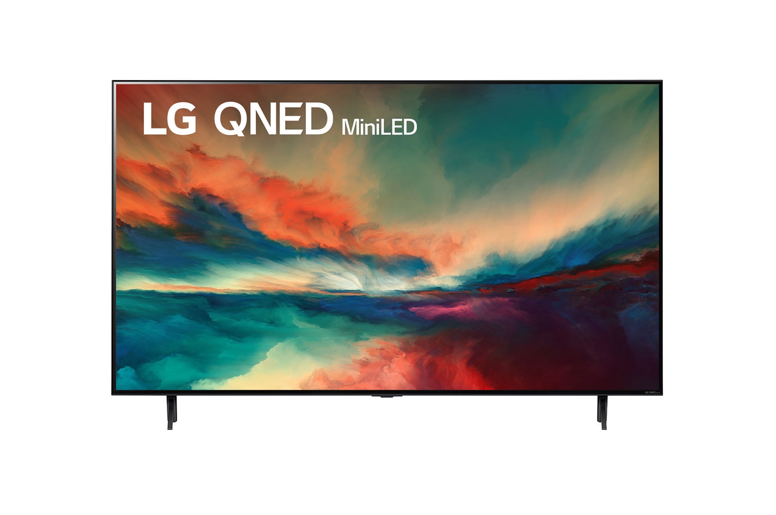 Una vista frontal del televisor LG QNED con imagen de relleno y logotipo del producto encendido