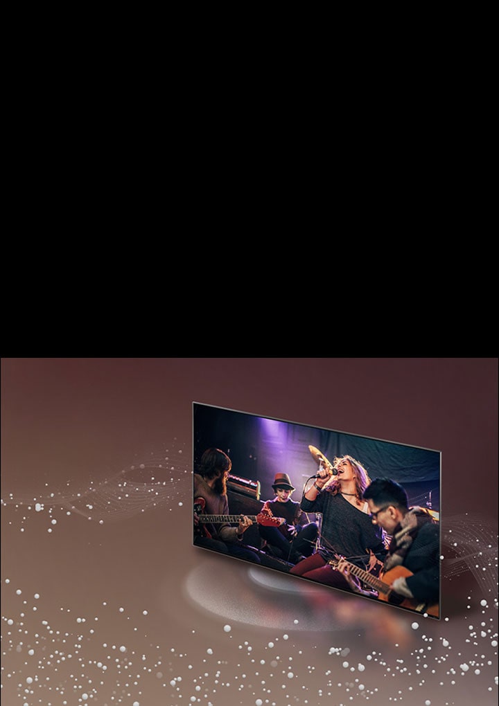 Televisor LG con burbujas de sonido y ondas que salen de la pantalla y llenan el espacio.