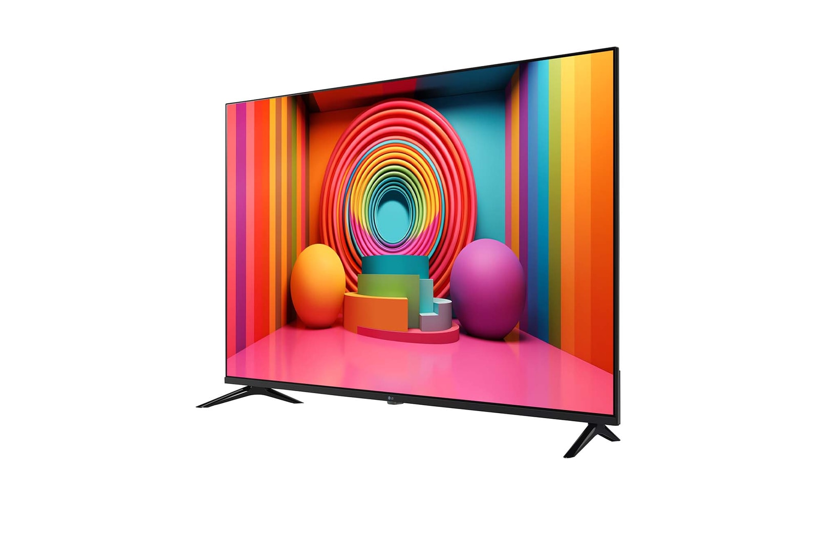 Slightly-angled left-facing side view of LG UHD TV, UT75