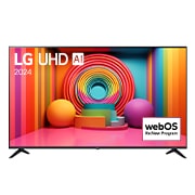 Front view of LG UHD TV, UT75 with text of LG UHD AI ThinQ, 2024, and webOS Re:New Program logo on screen