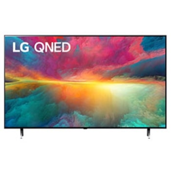 Una vista frontal del televisor LG QNED con imagen de relleno y logotipo del producto encendido