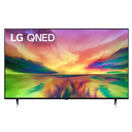 Una vista frontal del televisor LG QNED con una imagen de relleno y el logotipo del producto en