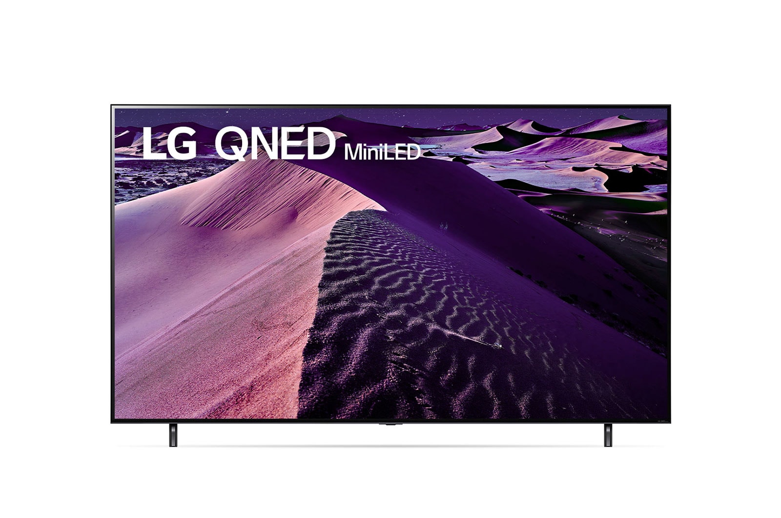 A front view of the LG QNED TV with infill image and product logo on