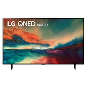Una vista frontal del televisor LG QNED con imagen de relleno y logotipo del producto encendido