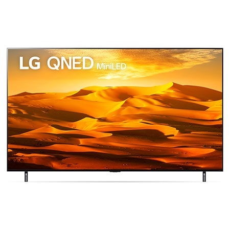 A front view of the LG QNED TV with infill image and product logo on