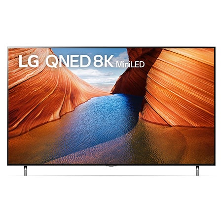 A front view of the LG QNED TV with infill image and product logo on