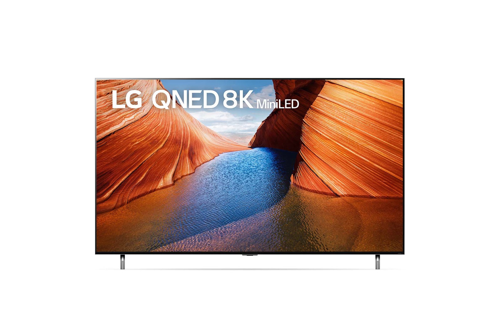 A front view of the LG QNED TV with infill image and product logo on