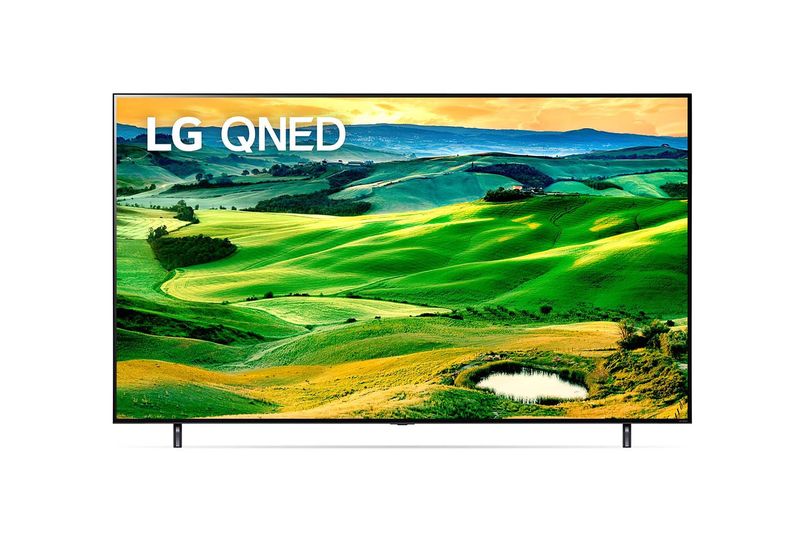 A front view of the LG QNED TV with infill image and product logo on
