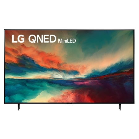 Una vista frontal del televisor LG QNED con imagen de relleno y logotipo del producto encendido