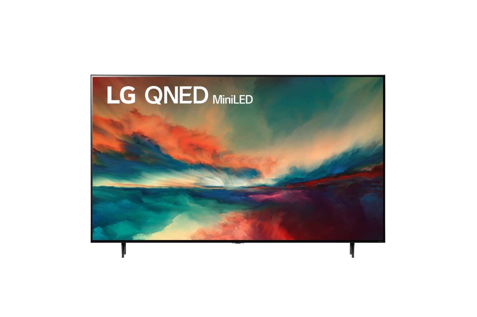 Una vista frontal del televisor LG QNED con imagen de relleno y logotipo del producto encendido