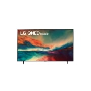 Una vista frontal del televisor LG QNED con imagen de relleno y logotipo del producto encendido