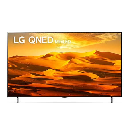 A front view of the LG QNED TV with infill image and product logo on