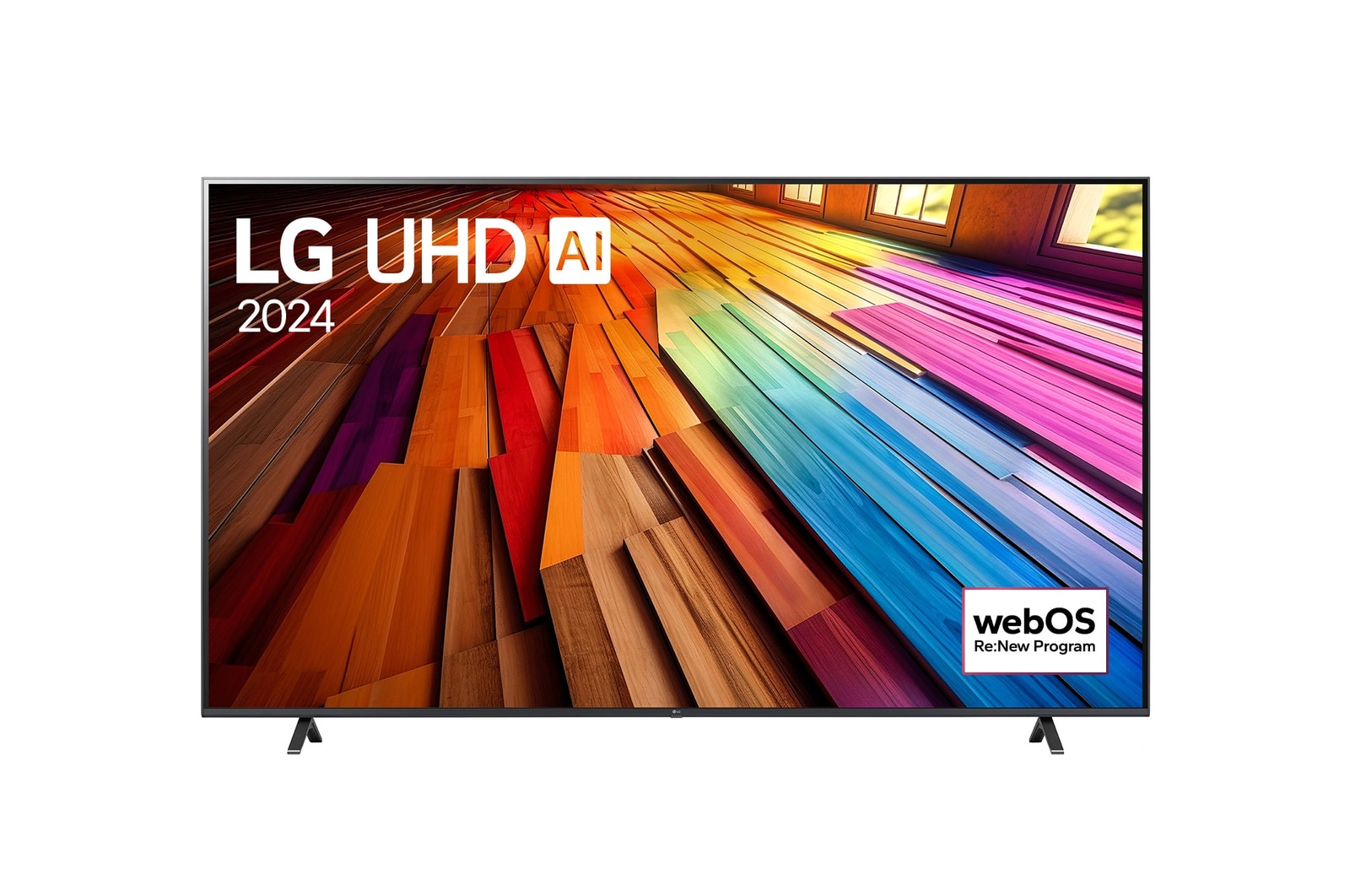 Front view of LG UHD TV, UT80 with text of LG UHD AI, 2024, and webOS Re:New Program logo on screen
