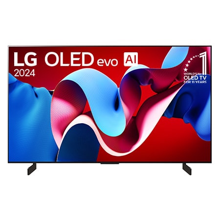 Una vista frontal del televisor LG OLED evo C4 OLED42C4PSA, con el "emblema de 11 años como la marca número 1 del mundo en OLED" mostrado en la pantalla.