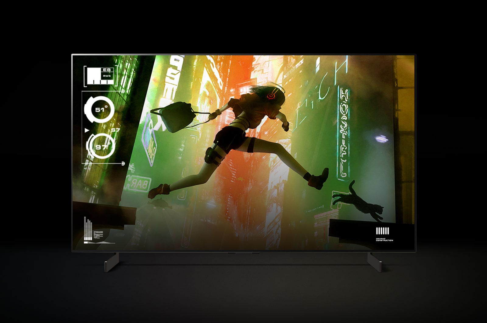 An LG C4 42 inch TV in a dark space on a two-pole stand shows colorful gameplay on the screen.