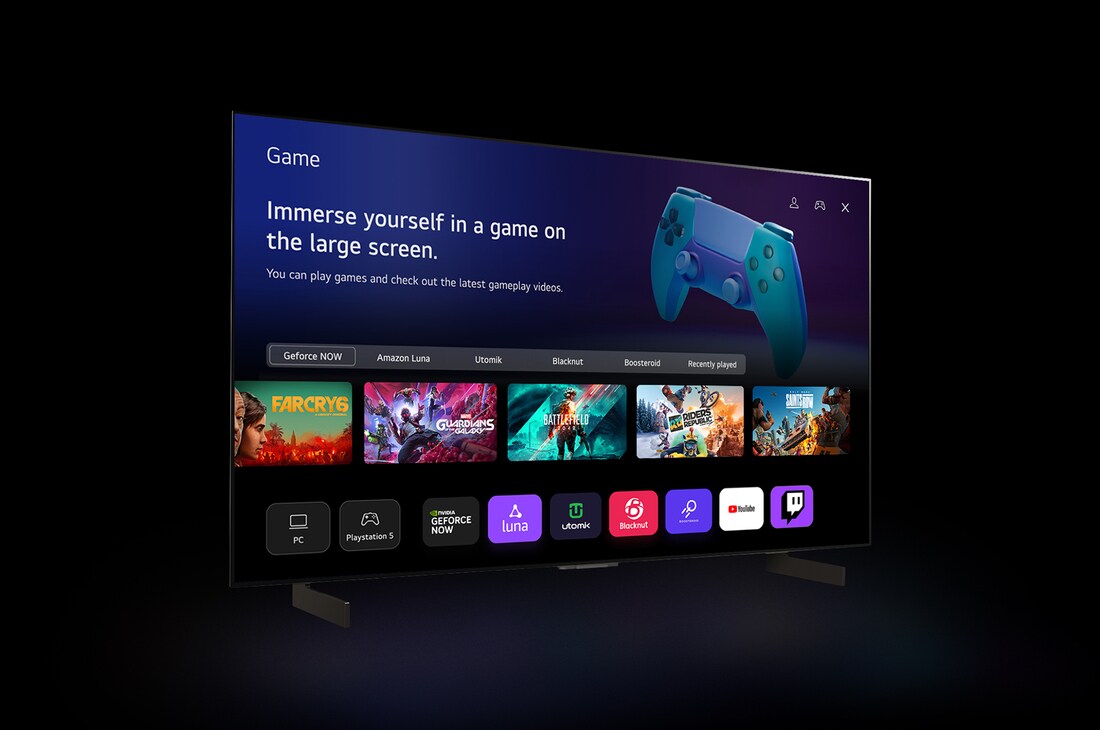 An LG C4 42 inch TV in a dark space on a two-pole stand shows the Quick Card menu on the screen.