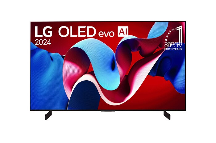 Una vista frontal del televisor LG OLED evo C4 OLED42C4PSA, con el "emblema de 11 años como la marca número 1 del mundo en OLED" mostrado en la pantalla.