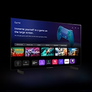 An LG C4 42 inch TV in a dark space on a two-pole stand shows the Quick Card menu on the screen.