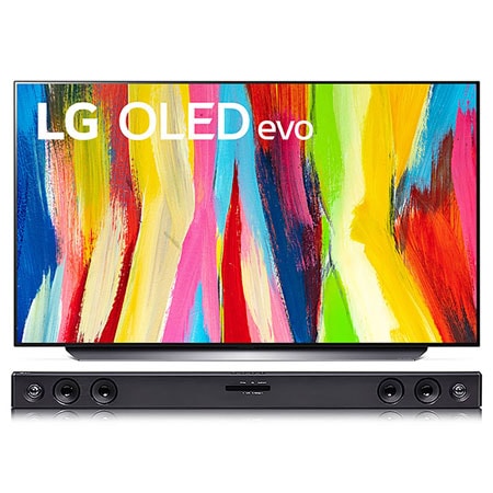 LG OLED48C2PSA Front view and soundbar 