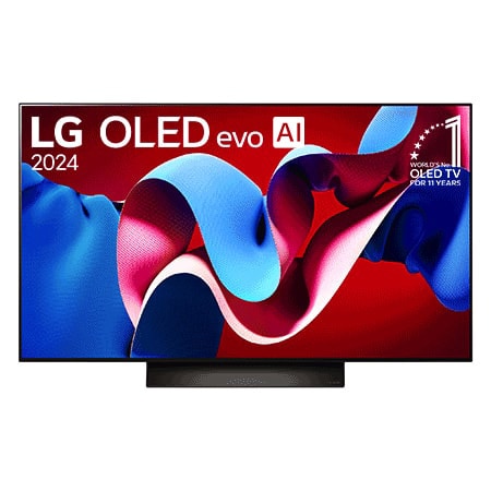 Una vista frontal del televisor LG OLED evo C4 OLED48C4PSA, con el "emblema de 11 años como la marca número 1 del mundo en OLED" mostrado en la pantalla.