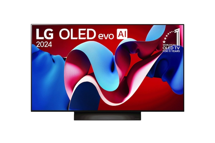 Una vista frontal del televisor LG OLED evo C4 OLED48C4PSA, con el "emblema de 11 años como la marca número 1 del mundo en OLED" mostrado en la pantalla.