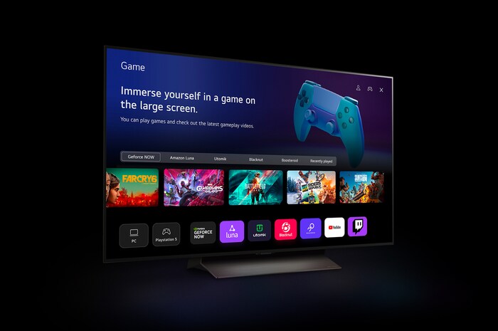 An LG C4 48 inch TV in dark space on a one-pole stand shows the Quick Card menu on the screen.