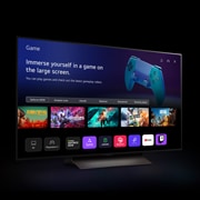 An LG C4 48 inch TV in dark space on a one-pole stand shows the Quick Card menu on the screen.
