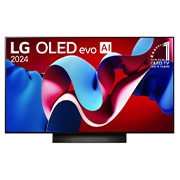 Una vista frontal del televisor LG OLED evo C4 OLED48C4PSA, con el "emblema de 11 años como la marca número 1 del mundo en OLED" mostrado en la pantalla.