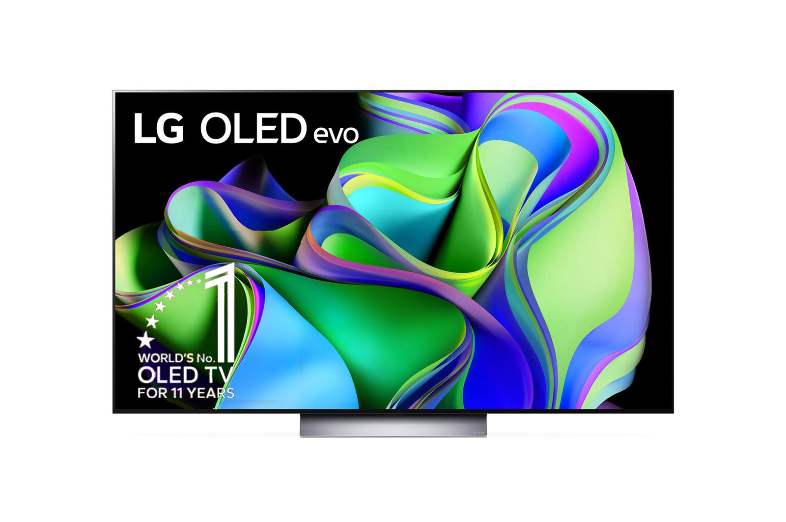 Vista frontal con LG OLED y Emblema 10 Años Marca OLED No.1 en el Mundo en la pantalla, así como la barra de sonido.