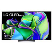 Vista frontal con LG OLED y Emblema 10 Años Marca OLED No.1 en el Mundo en la pantalla, así como la barra de sonido.