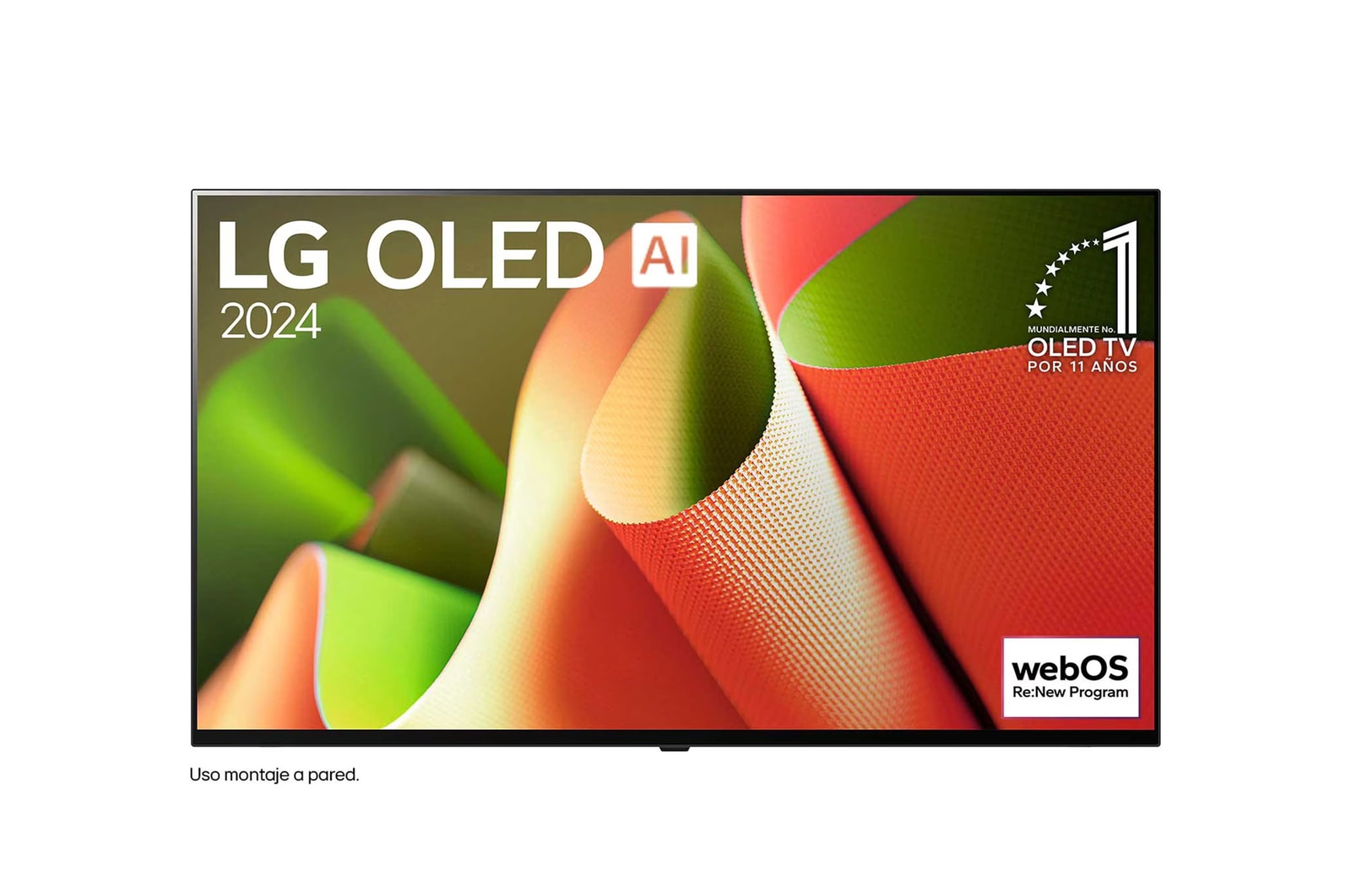 Una vista frontal del televisor LG OLED B4 OLED65B4PSA, con el "emblema de 11 años como la marca número 1 del mundo en OLED" mostrado en la pantalla, apoyado por un soporte de dos postes.