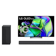 Vista frontal con LG OLED y Emblema 10 Años Marca OLED No.1 en el Mundo en la pantalla, así como la barra de sonido + vista frontal con woofer