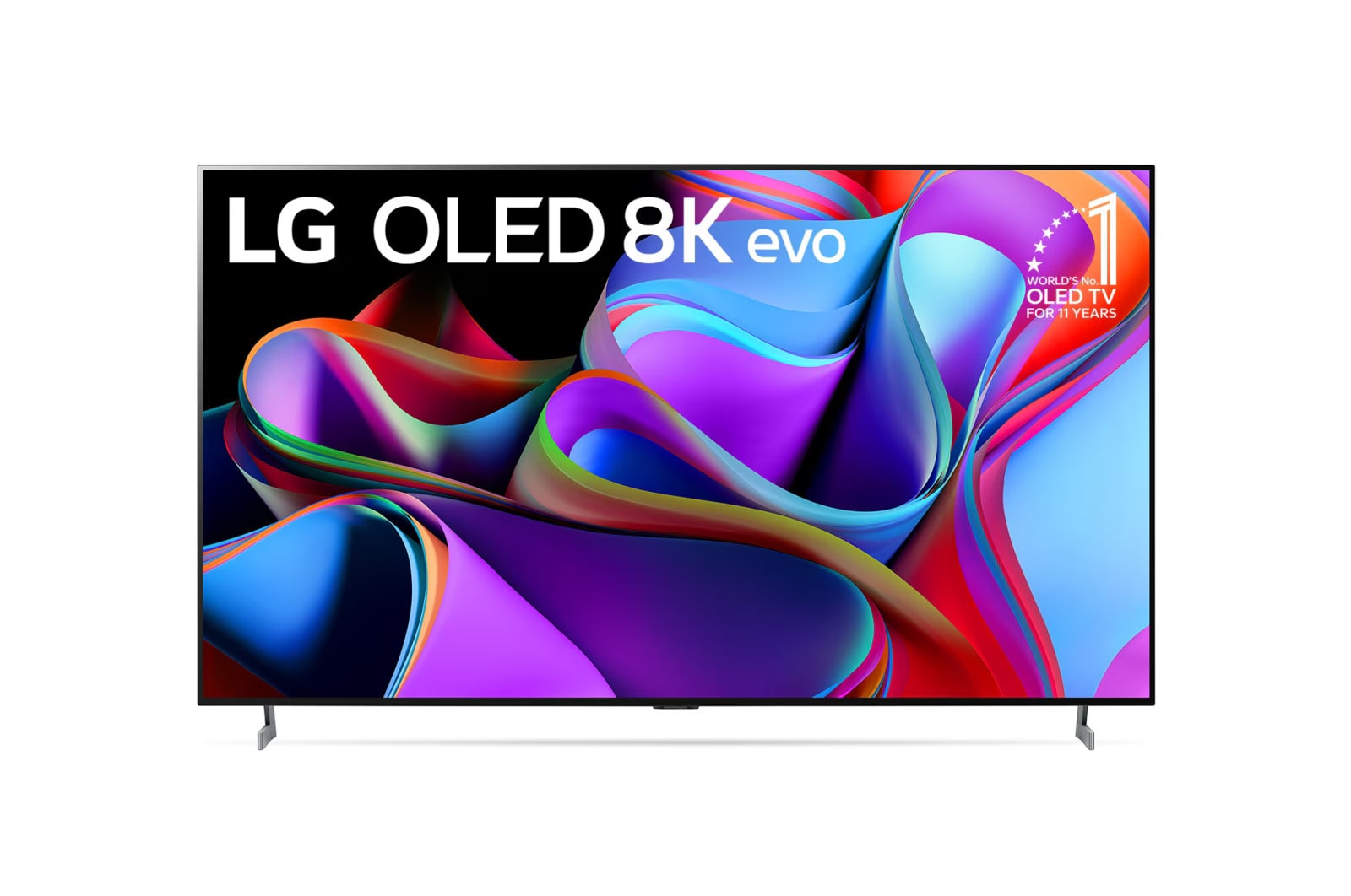 Vista frontal con LG OLED y Emblema 10 Años Marca OLED No.1 en el Mundo en la pantalla, así como la barra de sonido.