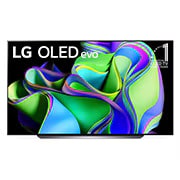 Vista frontal con LG OLED y Emblema 10 Años Marca OLED No.1 en el Mundo en la pantalla, así como la barra de sonido.