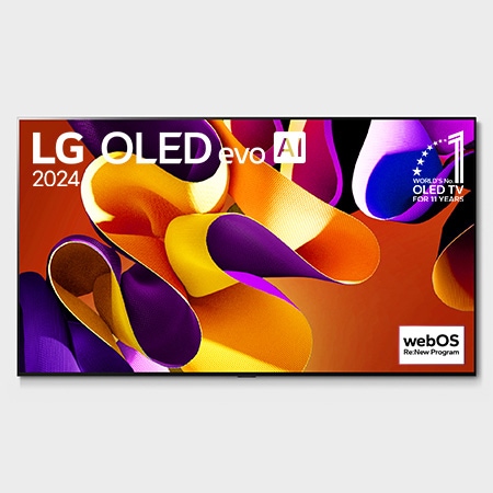 Vista frontal con la televisión LG OLED evo AI, la OLED G4, el emblema de 11 años siendo el número 1 mundial de OLED y el logotipo del programa webOS Re:New en la pantalla