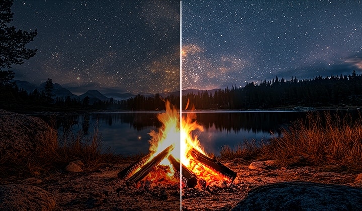 Fogata nocturna en medio de la naturaleza. A lo lejos hay un bosque y un lago. El cielo nocturno está lleno de estrellas. La escena está dividida en dos. En un lado, se muestra el impresionante brillo del Brightness Booster. En el otro lado, es más oscuro y gris.