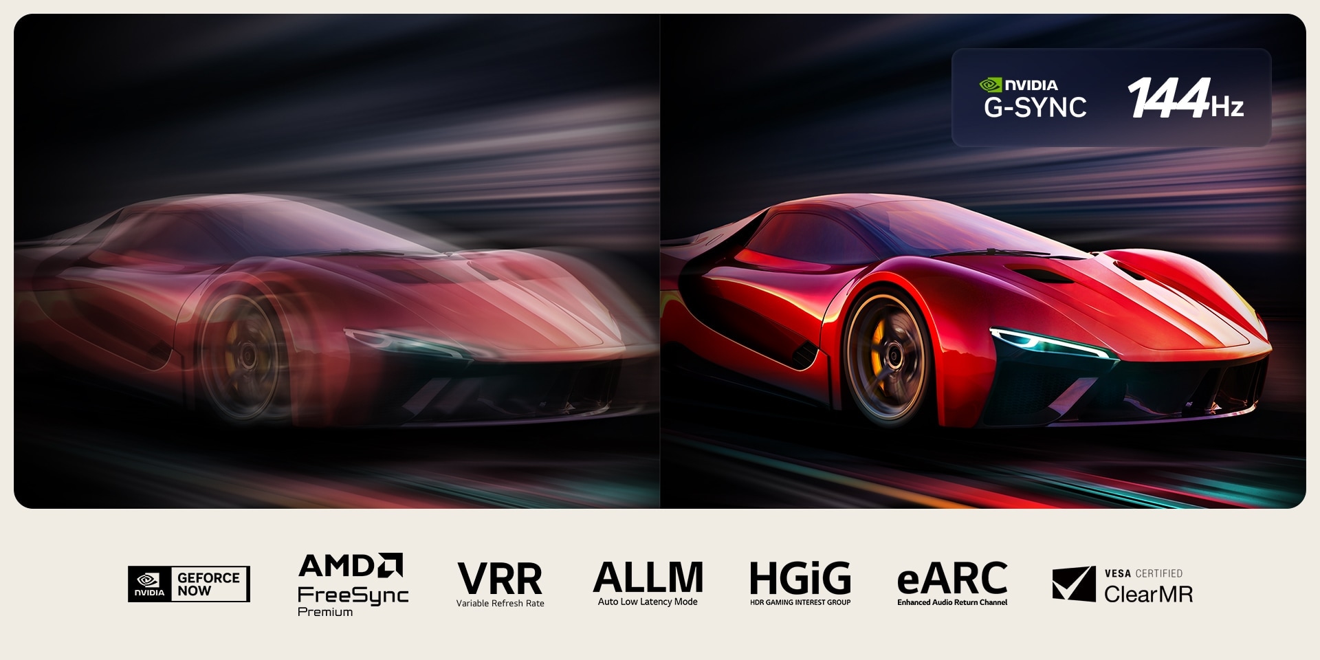 Dos imágenes de un automóvil en un videojuego, una al lado de la otra. Una muestra mucho desenfoque de movimiento. La otra es nítida y enfocada, lo que muestra la alta velocidad de cuadros del televisor LG OLED. Se ven el logotipo de Nvidia G-Sync y otras certificaciones relevantes.