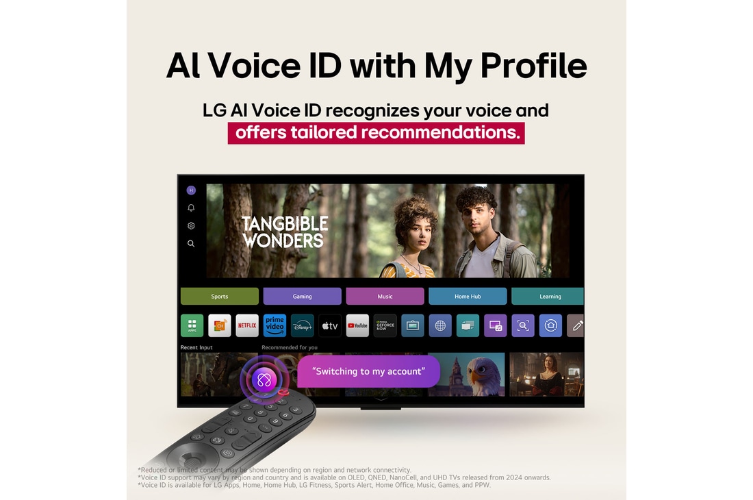 On an LG OLED TV screen is the webOS 25 home page filled with apps and entertainment content. By the TV is the LG AI Magic Remote, the AI button is highlighted as if activated by the user's voice. A speech bubble is beside it, switching to my account. The short text explains how users can now synchronize their voice to their personal profile for easier navigation and personalized recommendations.