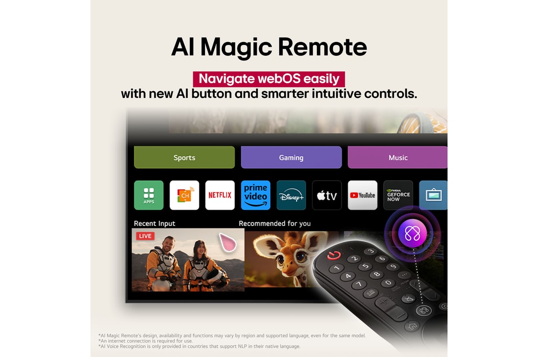 LG AI Magic Remote in the foreground. The AI button icon is highlighted. In the background is the LG webOS UI. The mouse cursor implies that the remote is in use. Text explains how the remote's functions and controls make navigating webOS easy. 