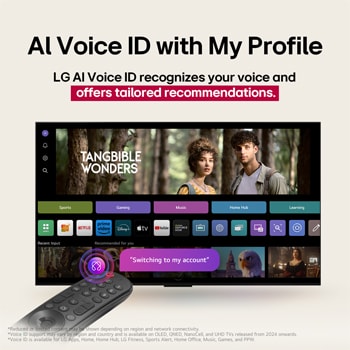 On an LG OLED TV screen is the webOS 25 home page filled with apps and entertainment content. By the TV is the LG AI Magic Remote, the AI button is highlighted as if activated by the user's voice. A speech bubble is beside it, switching to my account. The short text explains how users can now synchronize their voice to their personal profile for easier navigation and personalized recommendations.