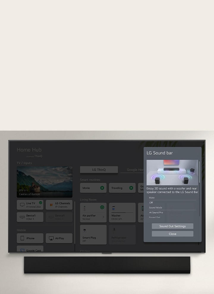 La barra de sonido LG se encuentra debajo de un televisor LG OLED. En la pantalla del televisor se encuentra la interfaz de usuario de la barra de sonido y los controles de volumen del televisor.