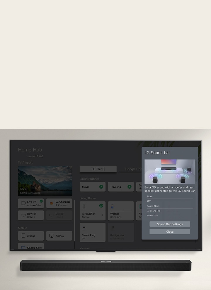 La barra de sonido LG se encuentra debajo de un televisor LG OLED. En la pantalla del televisor se encuentra la interfaz de usuario para la barra de sonido y los controles de volumen del televisor.