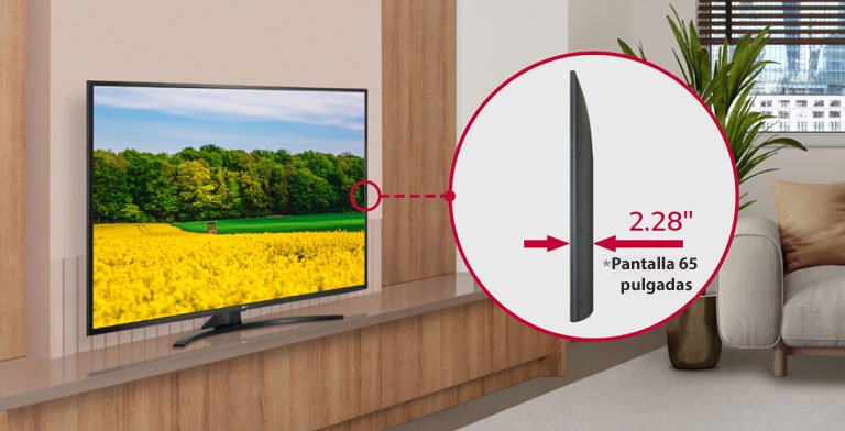 El UM670H se instala armoniosamente en la habitación del hotel y la vista lateral se amplía para mostrarlo.