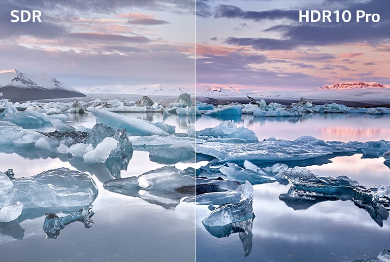 Una imagen que muestra un iceberg y el cielo, la mitad izquierda de la imagen parece tener un color apagado menos vibrante, mientras que la mitad derecha de la imagen parece más vibrante. En la esquina superior izquierda dice "SDR" y en la esquina superior derecha "HDR10 Pro"