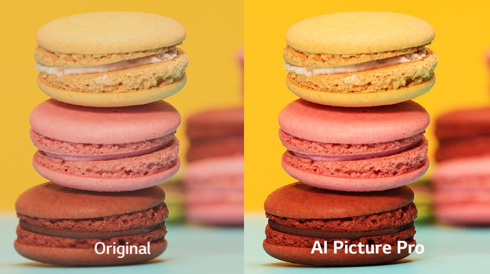 A screen, half in darkness, half in light, shows an image of colorful macarons. The brightness is adjusted to each side.